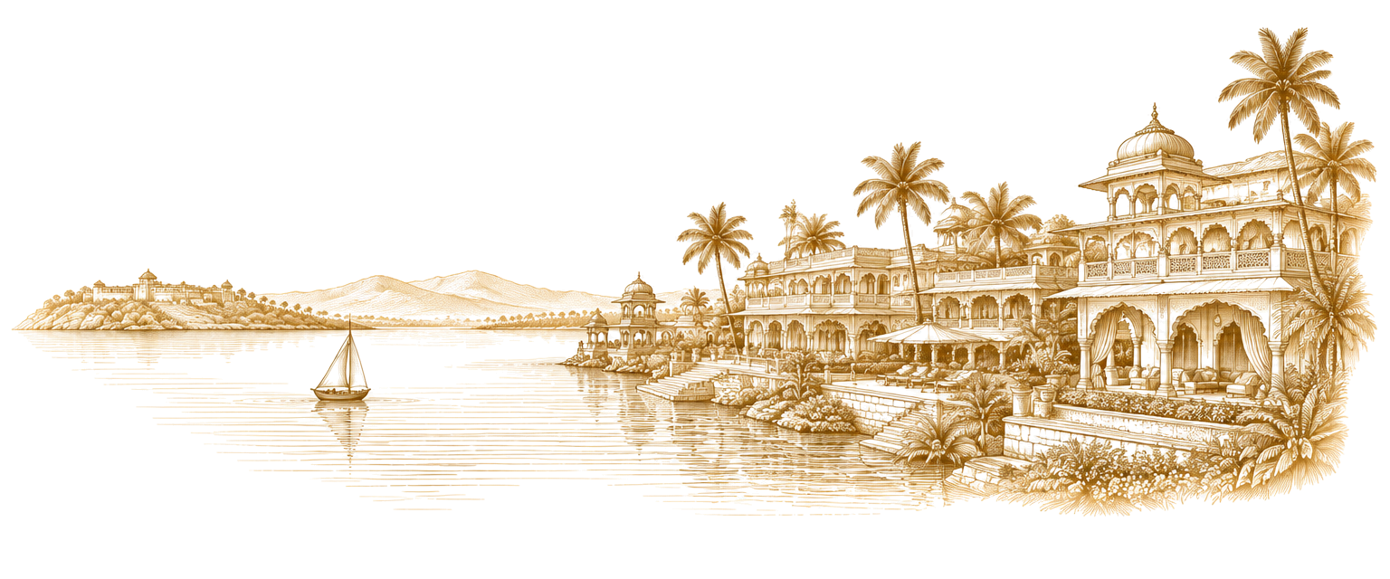 Gold etching of a coastal resort with palms and a sailboat
