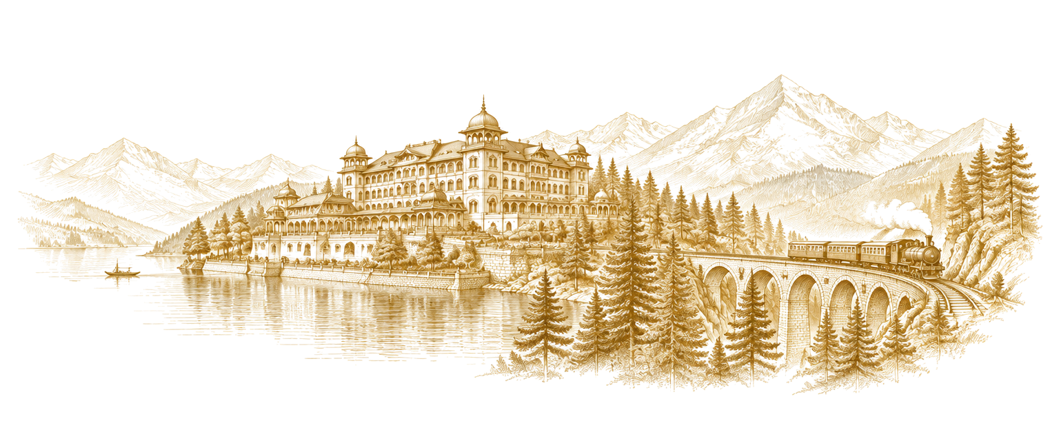 Gold etching of a mountain heritage hotel with a scenic railway