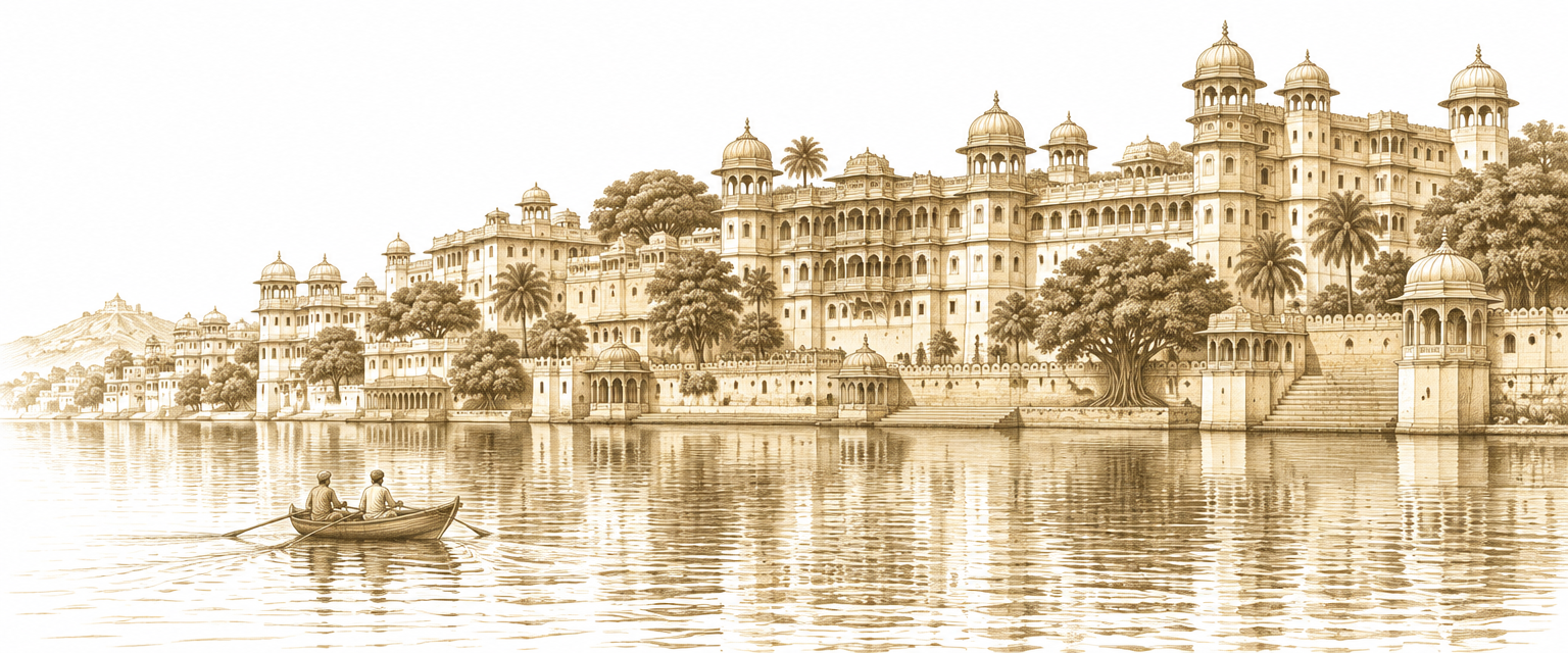Sepia etching of a lakeside palace with a rowboat on calm water